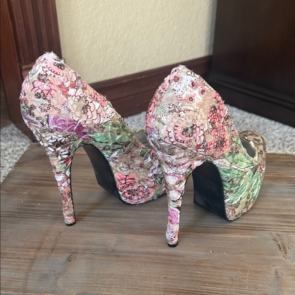 Bordello Floral Platform Stilettos in Pink & Green - Picture 4 of 10